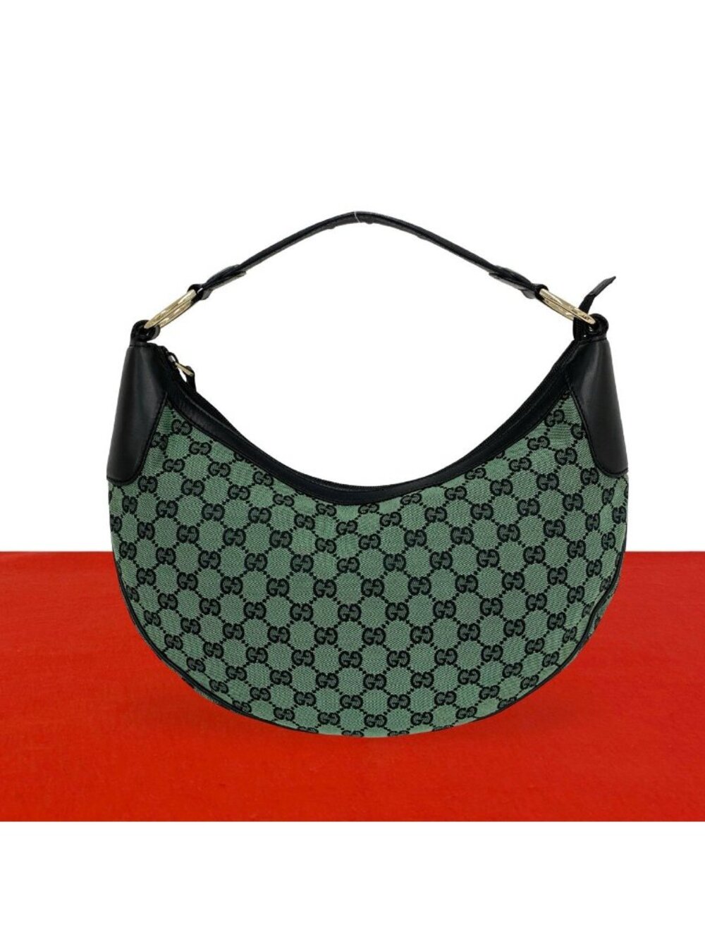 Gucci GG Logo Pattern Canvas Leather Shoulder Bag Green Black